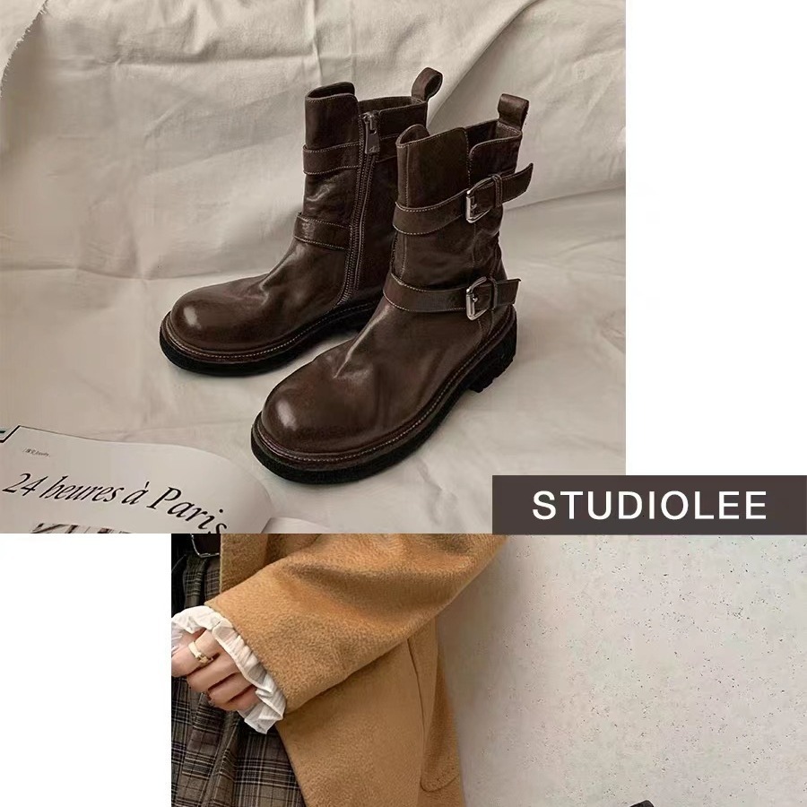 Ddmysports Grape Mama S Same Popular Washed Shrunken Horseskin Round Toe Thick Sole Slim Short Boots For Women Knights In Autumn And Winter OUTDOOR