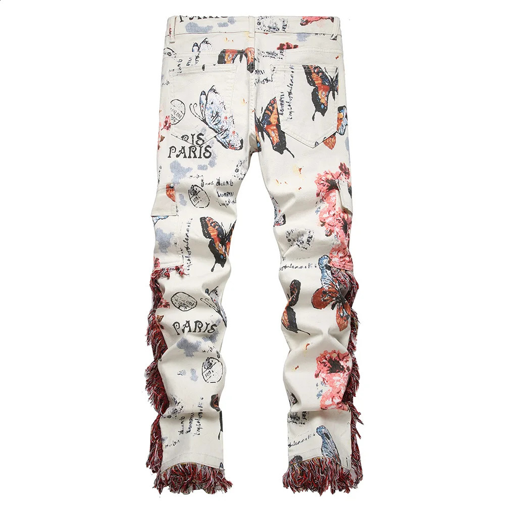 Men Butterfly Flower Print Jeans Tassels Fringe Rose Slim Straight Pants Beige White Muliti Pockets Cargo Trousers 240821