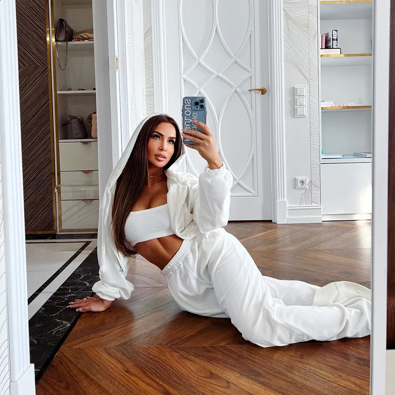 Womens Autumn Leisure Sports Suit Solid Color Long Sleeve Zipper Cardigan Hoodie Fashion Elastic Pants Female Two Piece Set 240820