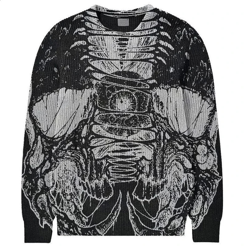 Mens Street Sweater Retro Old Skull Graffiti Knitted Floral Womens Cotton Harajuku Casual Loose Autumn 240821