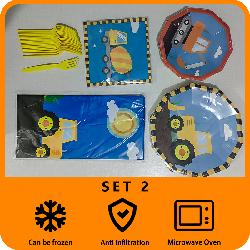 Polygonal engineering vehicle birthday decoration tableware set suitable for children's theme party birthday supplies