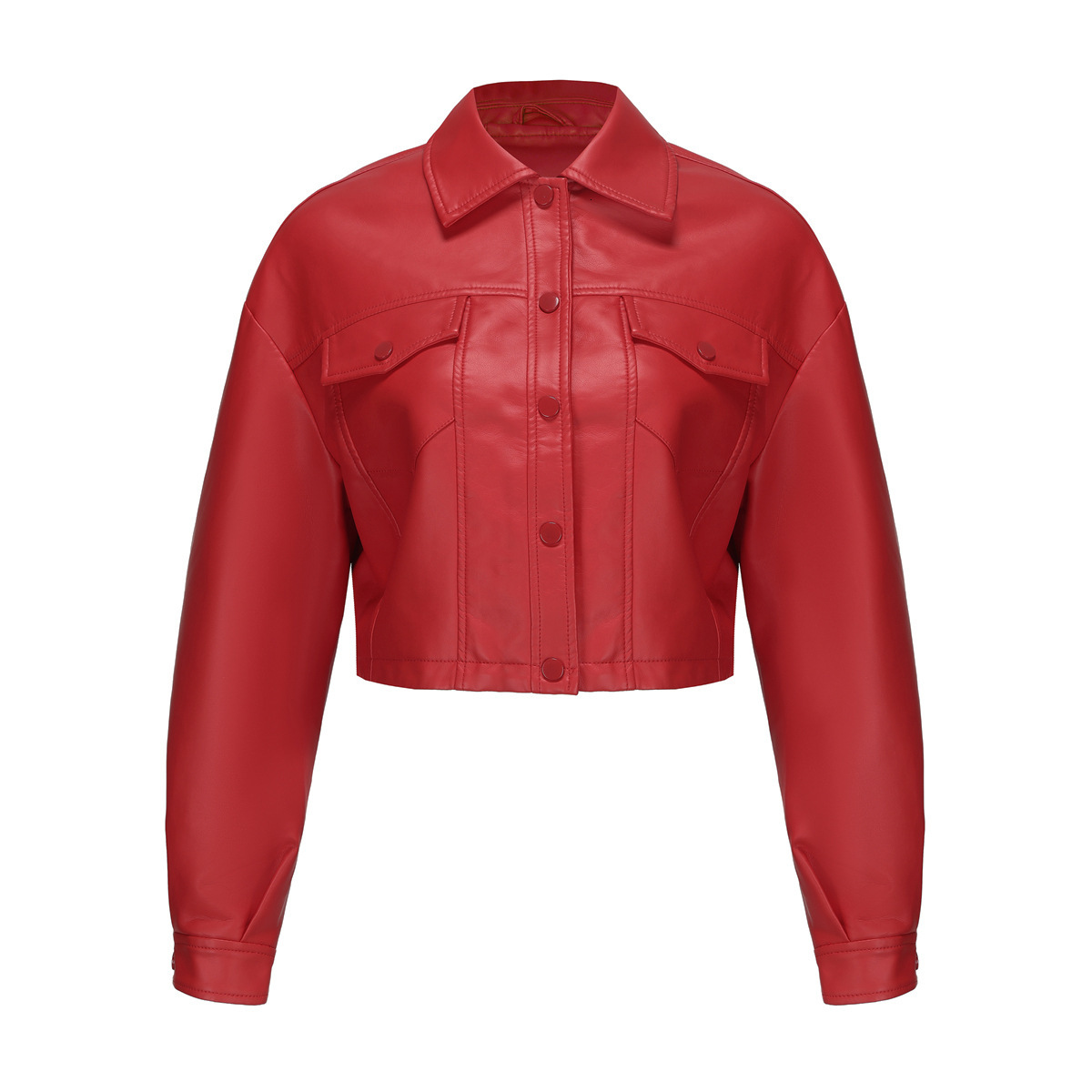 2024 Spring and Autumn New Loose Casual Leather Long Sleeve Single breasted Women's Short Jacket Flip Collar Fashion