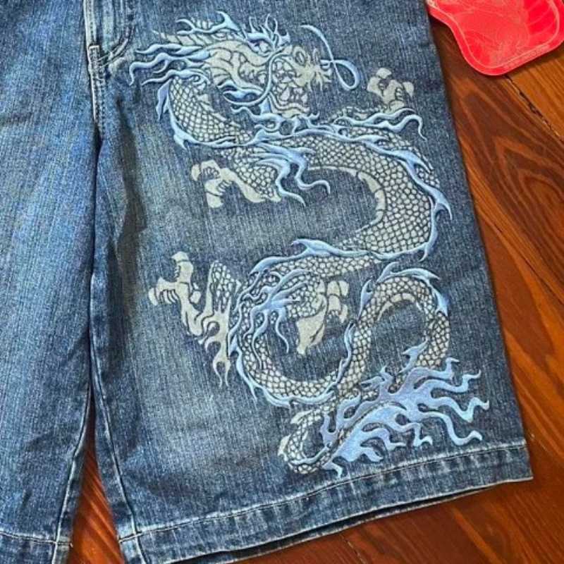Y2k retro street fashion dragon pattern printed mens denim shorts casual loose basket shortsW240723