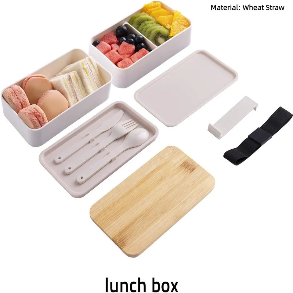 1200ML Divided Lunch Box Picnic Microwave Wooden Cover Japanese Bento Box Portable Double Layer Food Container For Kids 240821