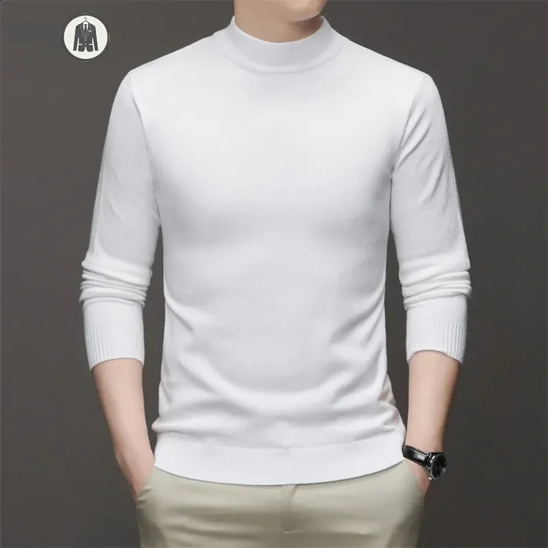 Mens semi high neck long sleeved solid color sweater soft warm and comfortable with a base at the top 240821