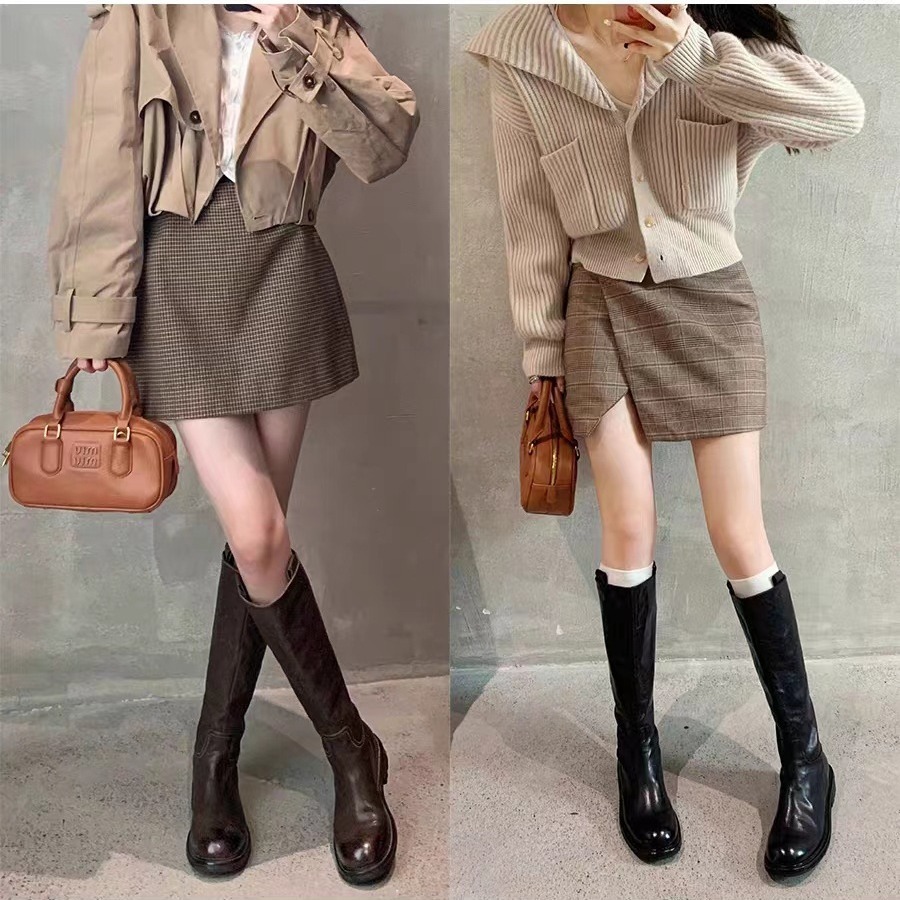 Ddmysports Grape Mom S Same Wash Orse Skin Igh Slender Mid Length Eel Thick Sole Genuine Leather Knight Boots For Women OUTDOOR