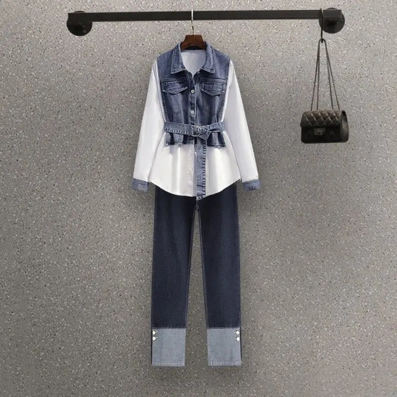 Spring and Autumn Womens Jeans Set Fashion Patch Work Belt ShirtHigh Waist Jeans 2-piece Set Womens Clothing Set 240821