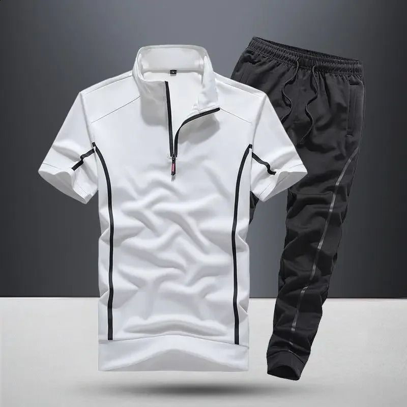 Sweatsuit Nylon Man Trousers Sets Tracksuit White T-shirts Pants Suits for Men Sweatshirts Stylish Short Quarter Sleeve Casual S 240821