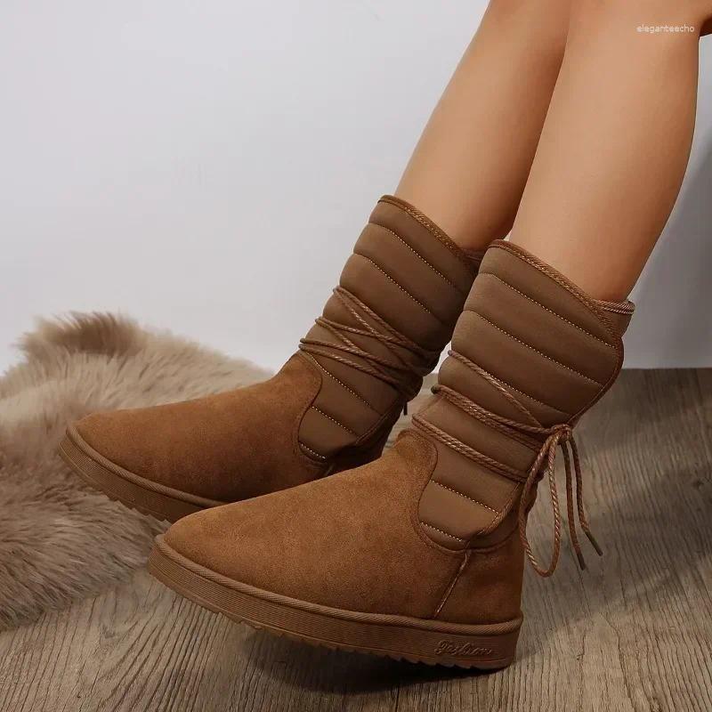 Boots 2024Platform Mid-calf Womens Winter Warm Plush Suede Snow Waterproof Designer Flats Lace Up Cotton Shoe