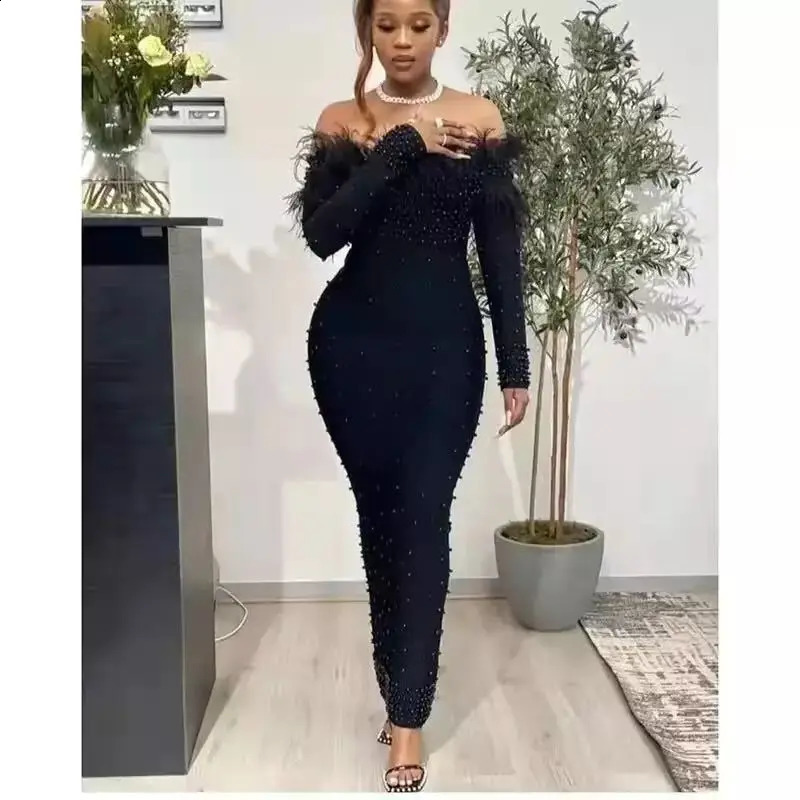 Plus Size Evening Dress Womens Spring Autumn Elegant Ultra Thin Feather Necklace Beaded Skiing Fashion Long Party Clothing 240820
