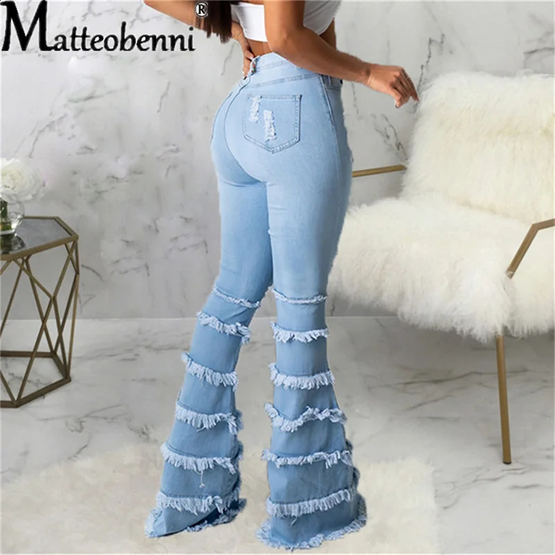 Sexy Women High Waist Stretch Pants Washed Destroyed Holes Ripped Denim Tassel Skinny Flare Jeans Bell Bottoms Z260313