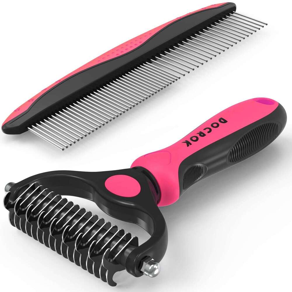 Docrok Pet Grooming and Metal Comb Combo, Cat Dog Shedding, Undercoat Rake Grooming, Dematting Deshedding Brush Dogs Shedding Tool for Long matted Hai