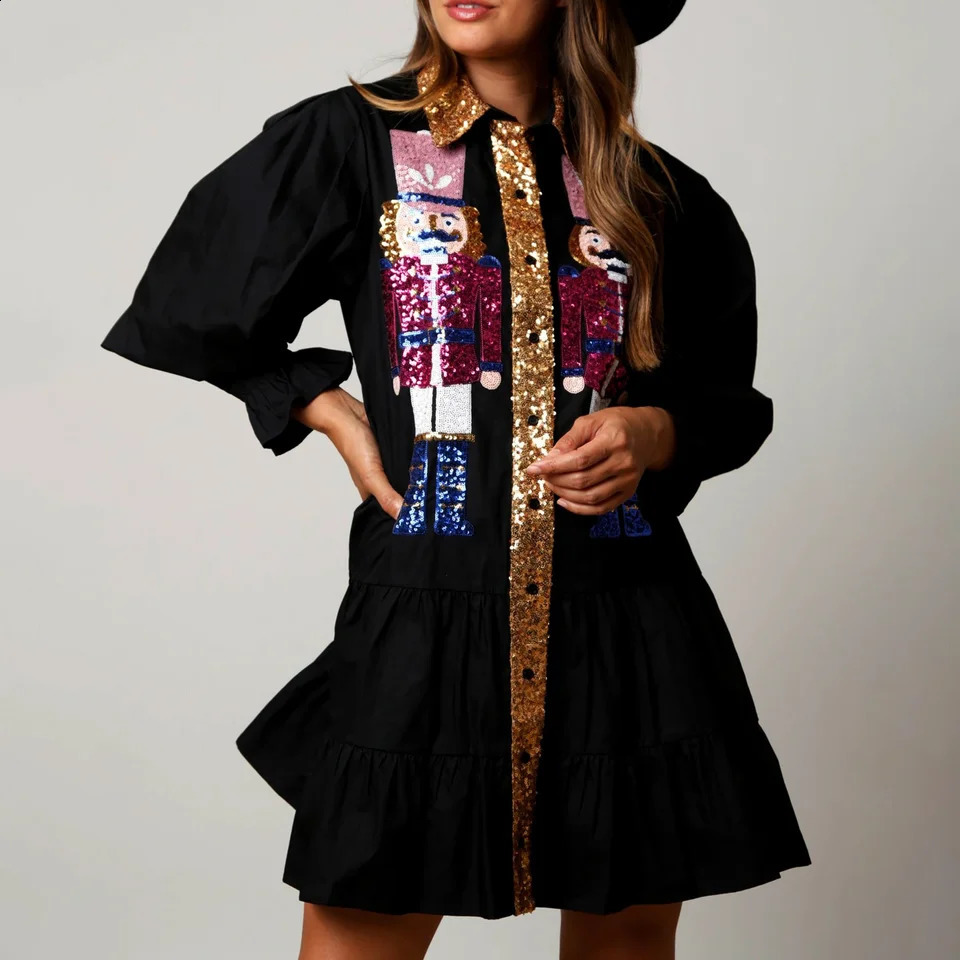 Women Christmas Sequin Nutcracker Dress Fashion Long Sleeve Tiered Glitter Nutcracker Print Holiday Party Mini Shirt Dresses 240821