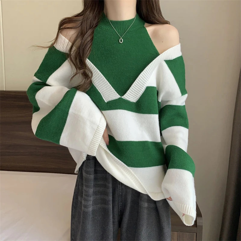 Y2K striped camisole womens sweater Korean knitted loose patch work pullout autumn preparatory style fully matched fashionable top 240821