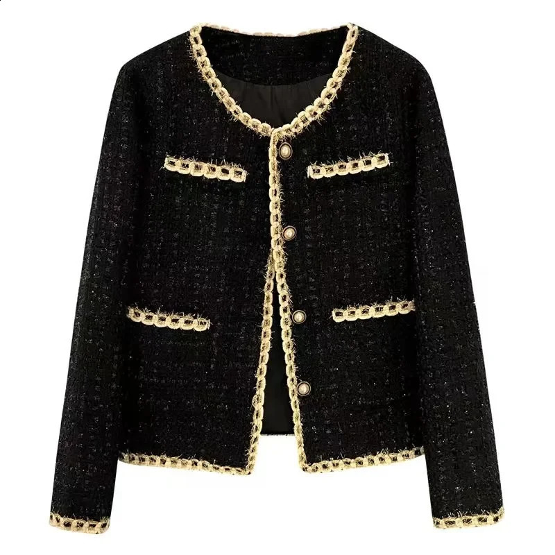 Black Short Small Fragrance Jacket Women Spring Autumn Coat Tweed Gold Thread Woven Overwear Casual Suit Jackets Female 240821