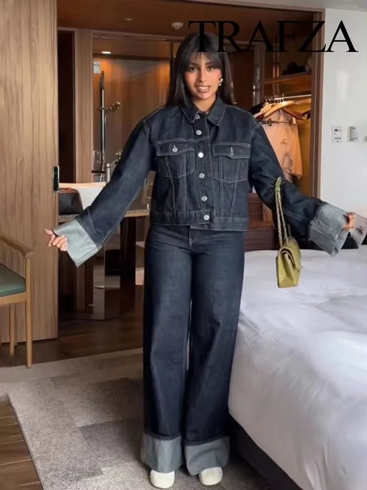 TRAFZA Womens Fashion Denim Jacket Pants Set Long Sleeve Single Chest Pocket Straight Trouser Jeans Office Womens Set 240821