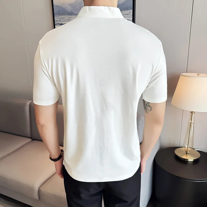 High Elastic POLO Shirt 2024 Summer Thin Chinese Stand Up Neck Solid Color Casual Short Sleeved T-shirt Mens Clothing 240821