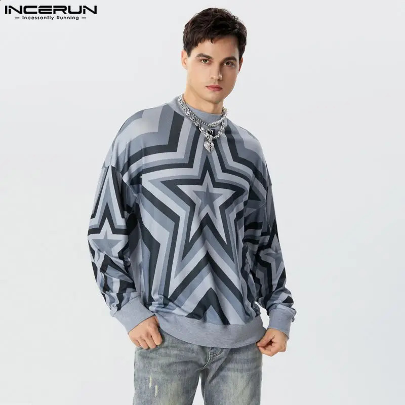 Fashion Handsome Mens Tops INCERUN Gradient Star Printed Pullover Casual High Neck Pullover Long Sleeved Sweater S-5XL 240821