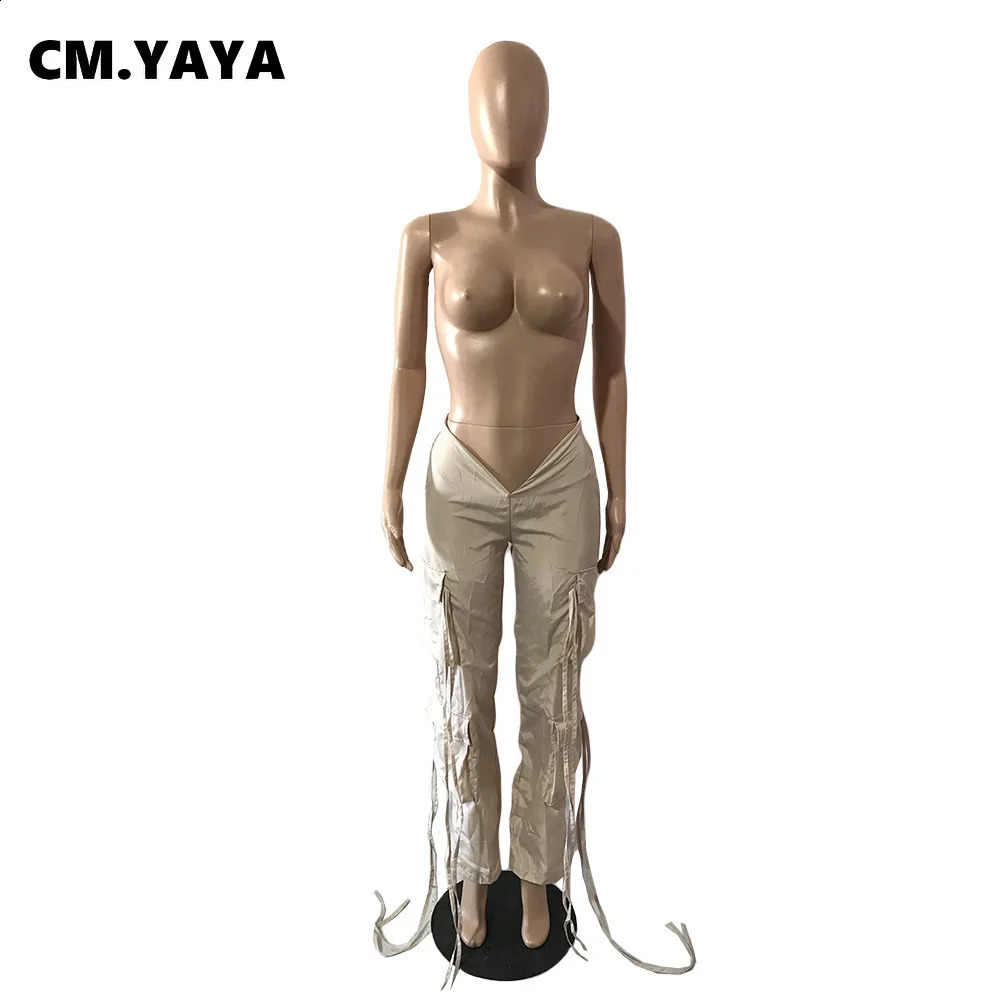 CM.YAYA Women Fashion Pocket Side Straight Wide Leg Safari Style Pants 2024 Summer Lace Up Streetwear Cargo Trousers 240820