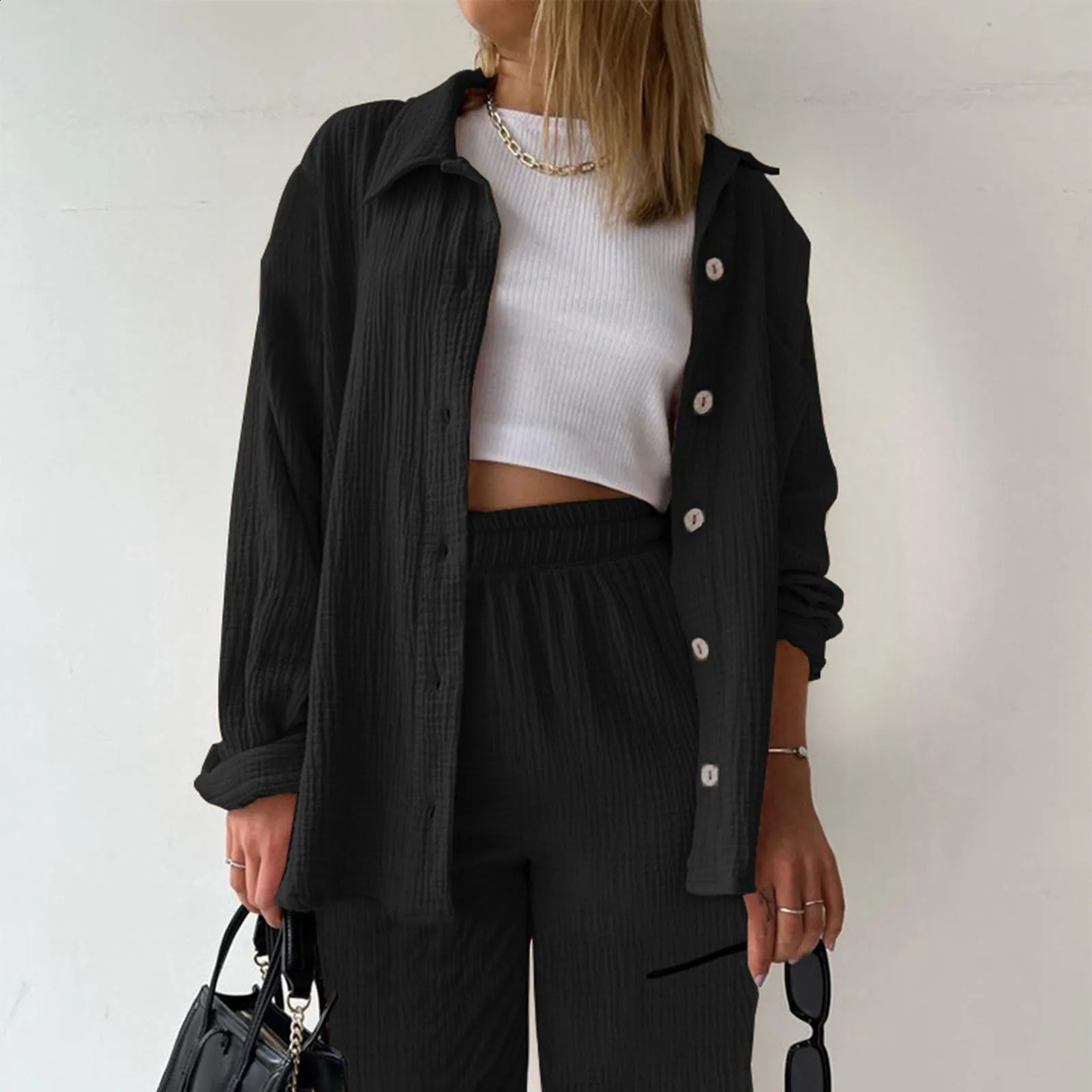 Womens Summer Muslin Blouse Shirt And Shorts Clothes Long Pants Autumn Outfit Set Two Piece Pant Suits 240820
