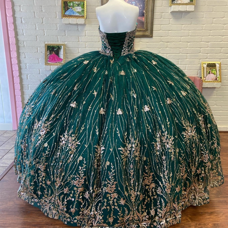 Blackish Green Off The Shoulder Princess Quinceanera Dresses Ball Gown Classic Sequin Beads Crystal Tul Sweet 16 Dress Vestidos De 15 Anos