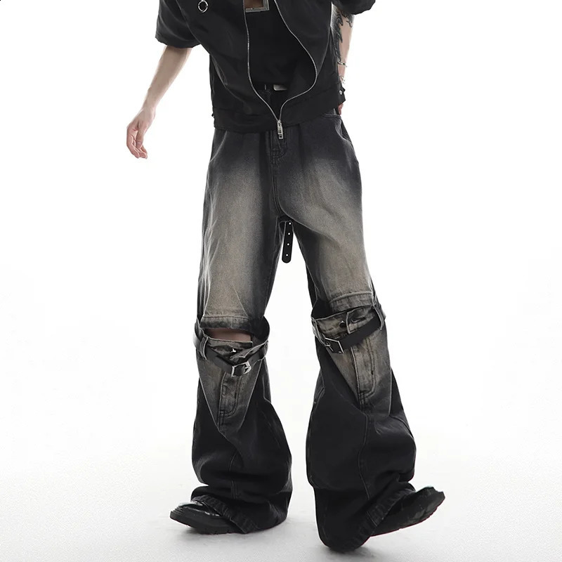 FEWQ Vintage Men Spliced Micro Flared Jeans American Style High Street Wide Leg Straight Denim Pants Summer Clothing 9A8932 240821