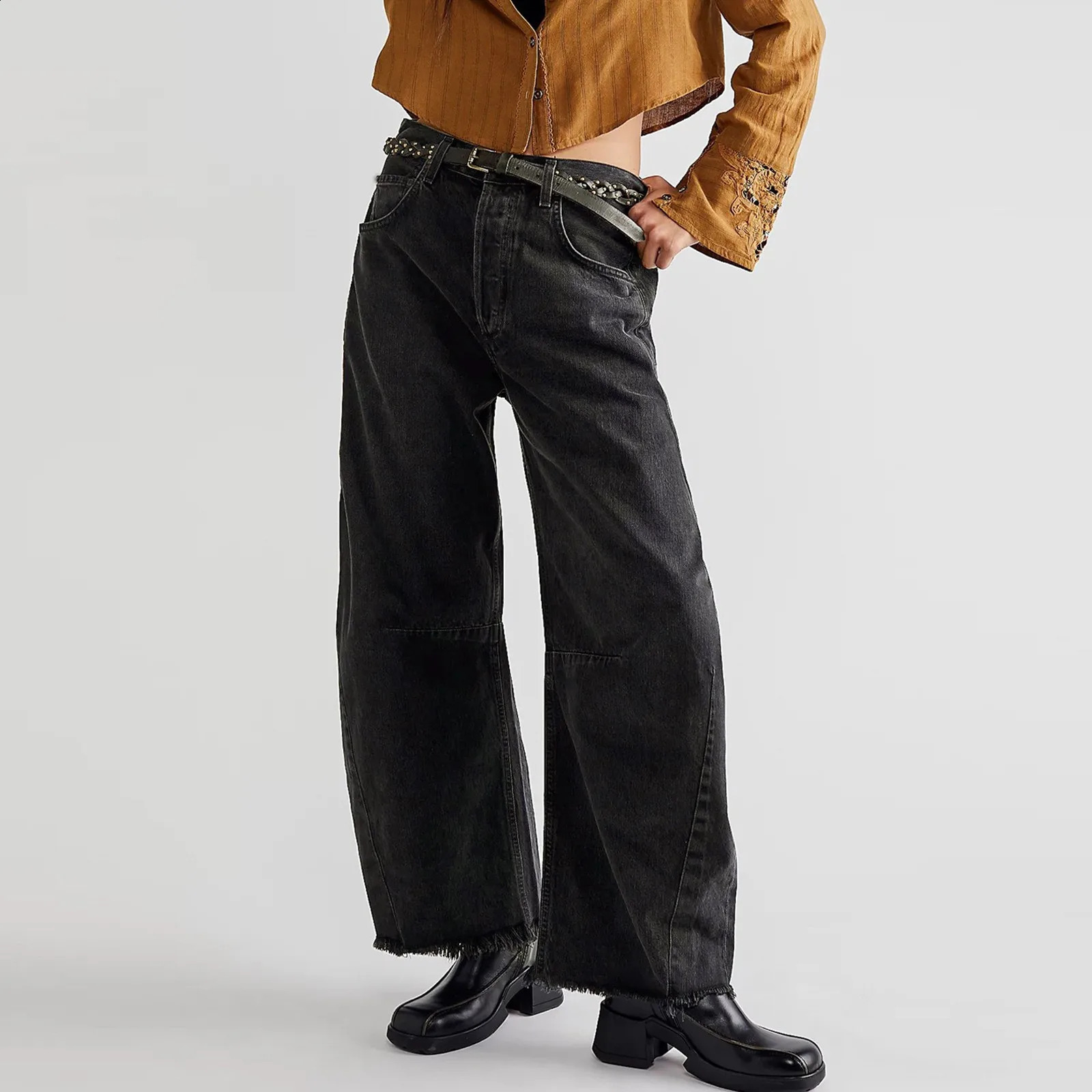 Women Baggy Wide Leg Trousers Jeans Barrel Boyfriend Cropped Hem Denim Pants Japanese 2000s Style Y2k Female Clothing 2024 240821