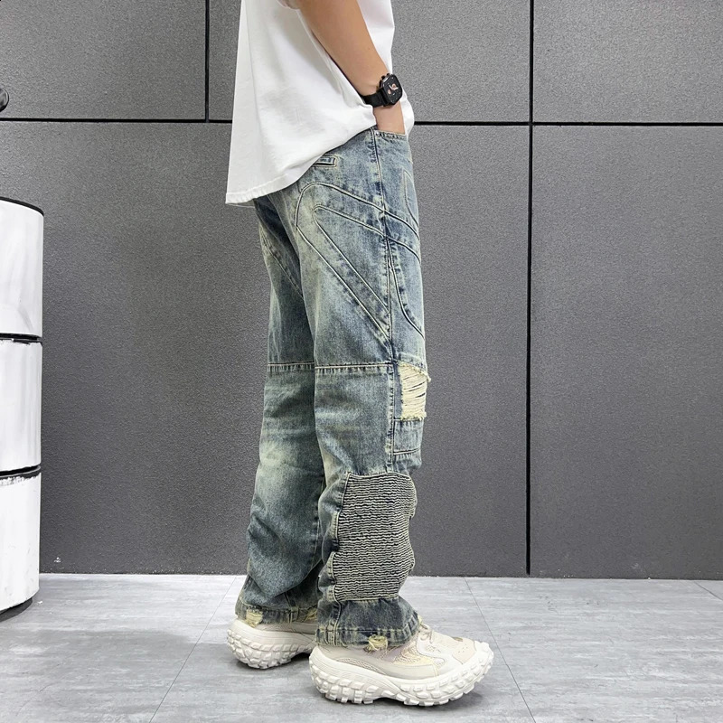 Personalized fashion 3D printing pattern Street beat high-end retro hole mens jeans openwork zipper casual pants wide-legged 240821