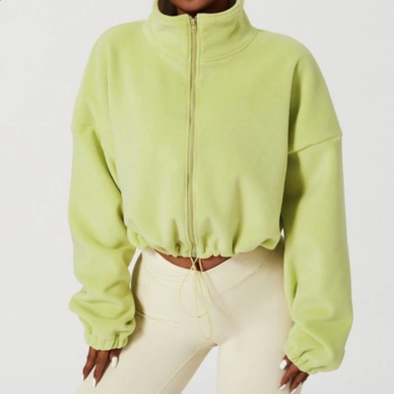 Streetwear Zipper Up Cropped Sweatshirt Women Autumn Casual Long Sleeve Lambs Wool Jacket Woman Drawstring Stand Collar Coats 240821