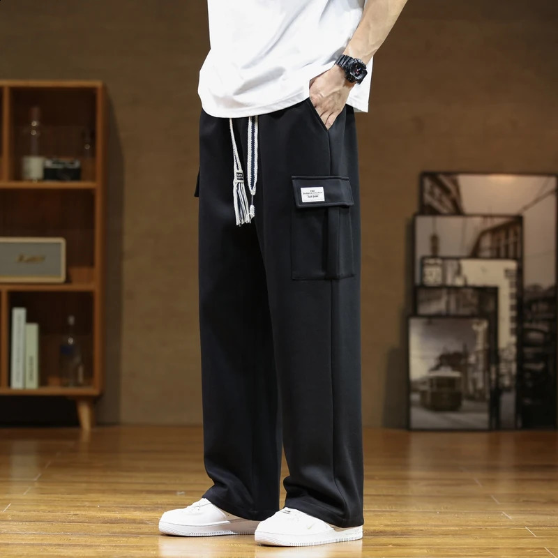 Autumn sports pants cotton mens backpack jogging cargo Korean neutral breathable loose outdoor solid color wide leg Trouser 240821