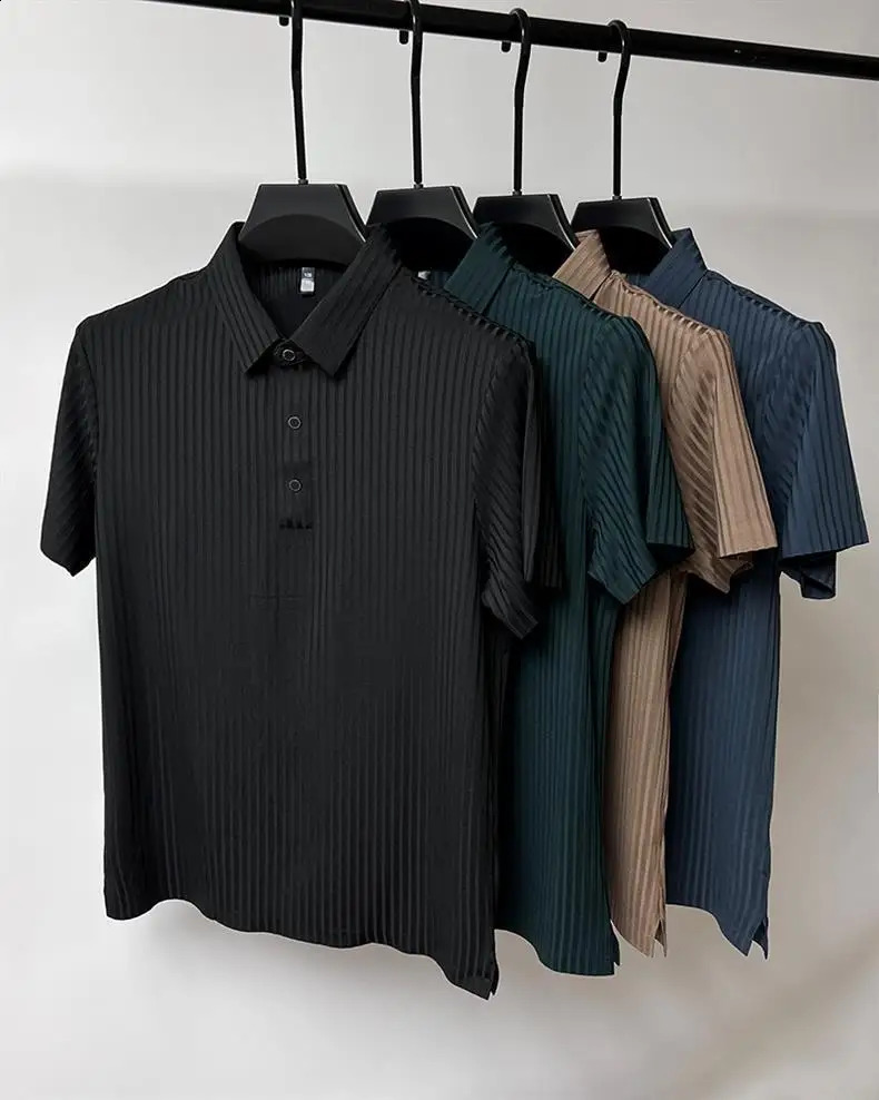 2024 summer British business casual mens short-sleeved POLO shirt Fashion young mens stripes comfortable breathable short- 240821