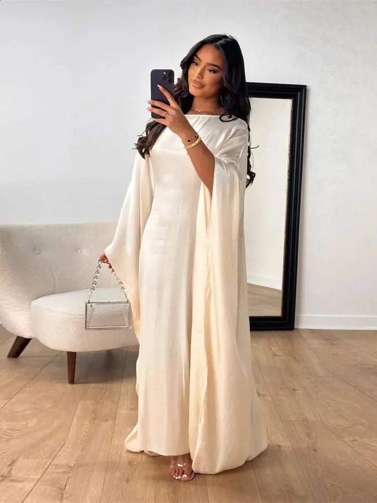 Ramadan Eid Summer Satin Batwing Abaya Dubai Women Islam Muslim Maxi Kaftan Dresses Ka Caftan Marocain Robe Femme Musulmane