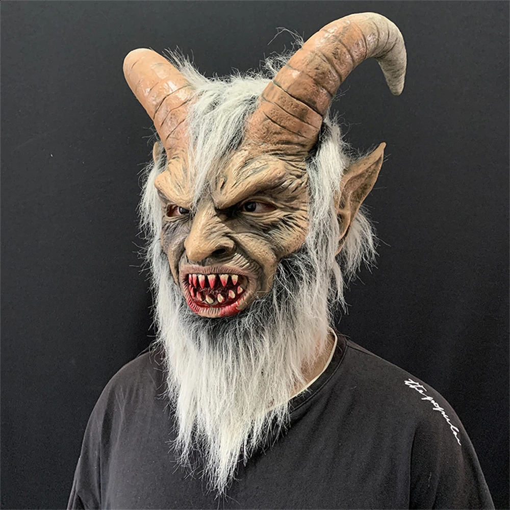 Mens Krampus Demon Mask Movie Cosplay Sheeps Horn Devil Head Cover Halloween Party Horror Dress Up Lucifer Demon Latex Masks 240820