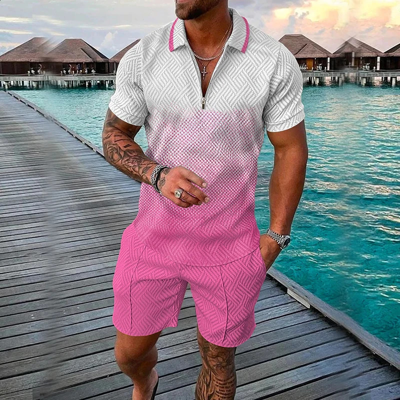 Summer Mens Set Fashion Casual 3D Printing V-Neck Zipper Short Sleeve POLO Shirt Shorts Mens Set 2 Pieces Mens Clothing 240820