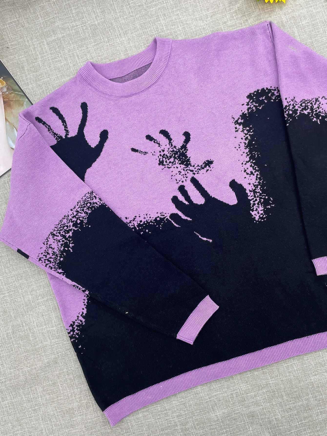 Purple Y2k Hip Hop Street Clothing Knitted Sweater Gothic Printed Pullover Winter Long Sleeve Womens Oversized 240821