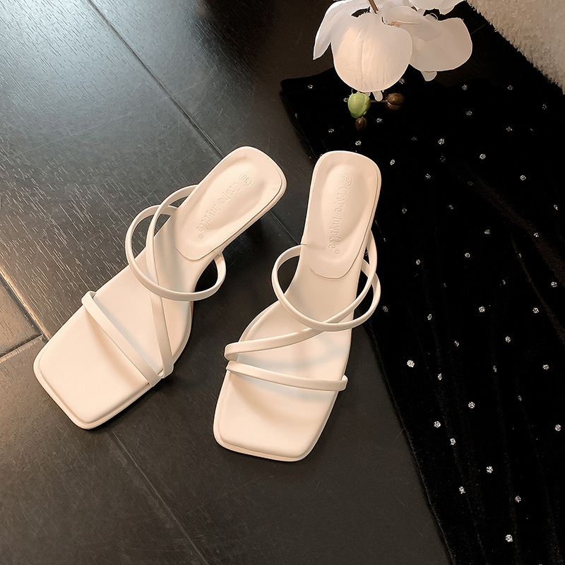 Ddmysports Su Yinyin S Same Seoul Sister Summer Style Square Ead Transparent One Word With Open Toe Middle Eel Cool Drag Women Genuine Leather OUTDOOR