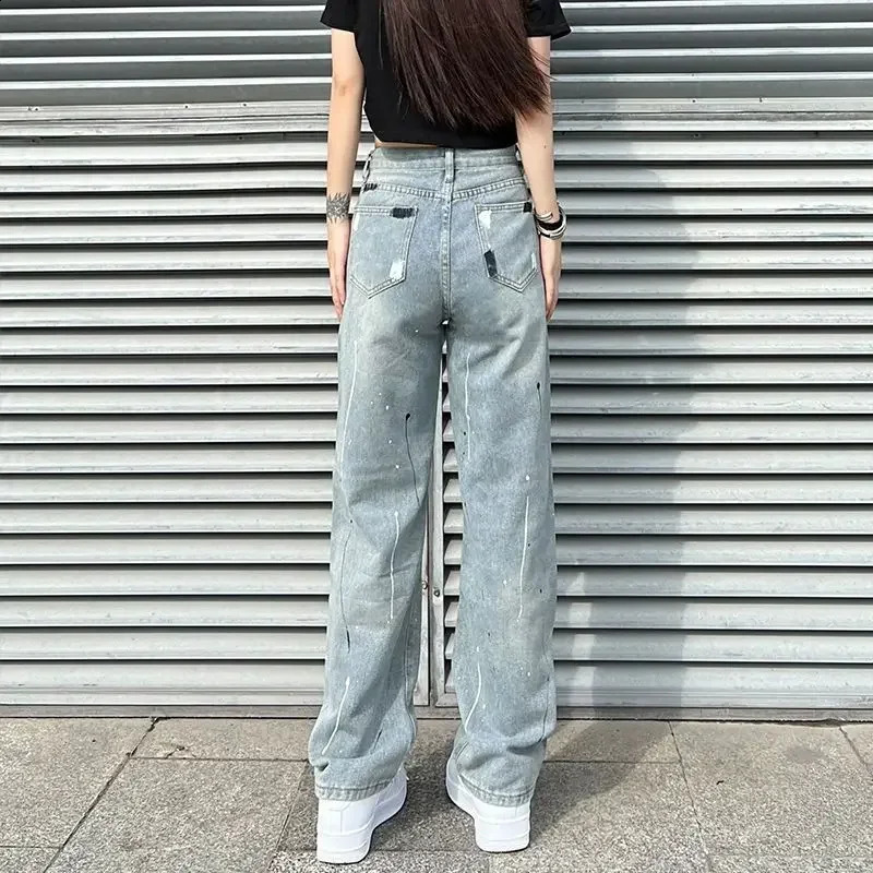Torn with Holes Blue Pattern Graphic High Waist S Womens Jeans Ripped Straight Leg Pants for Women Pockets Print Trousers R Z 240821