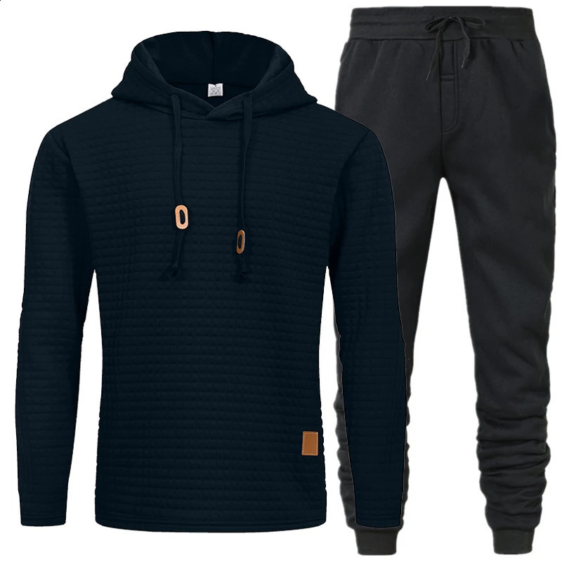 Comfortable Drawstring Outfit Mens Waffle Texture Hoodie Pants Set for Fall Winter Sports Solid Color Long Sleeves Sportswear 240821
