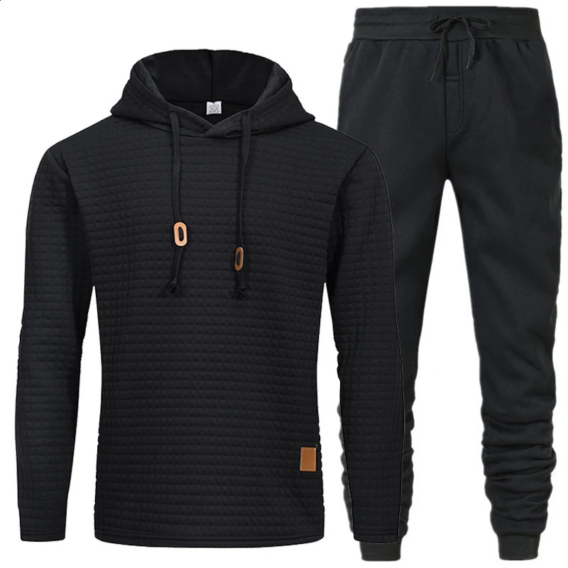 Comfortable Drawstring Outfit Mens Waffle Texture Hoodie Pants Set for Fall Winter Sports Solid Color Long Sleeves Sportswear 240821
