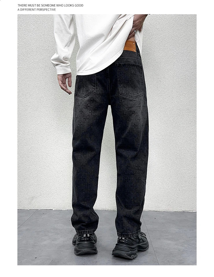Graphic Printed Black Jeans Male Washed Loosen Fit Pants Man Wide Leg Denim Bottms 240821
