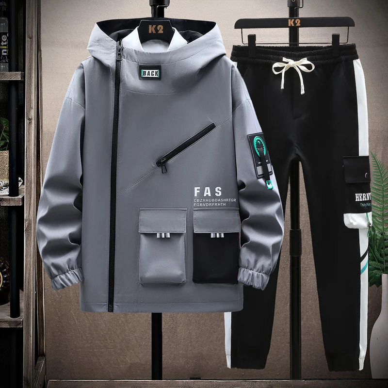 Spring Autumn Casual Two Piece Mens Sets Hooded Jacket And Pants Tracksuits Youth Streetwear Loose Top Coat Jogger Set 240821
