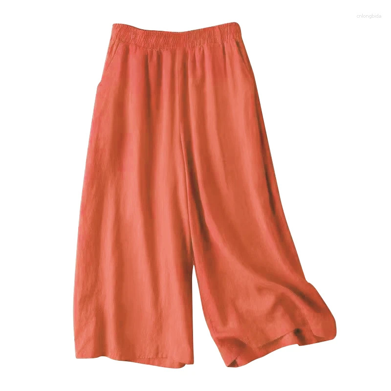 Women's Pants Summer Cotton Linen Wide Leg Cropped Women Calf Length Casual Female Solid Loose High Waist Straight Trouser