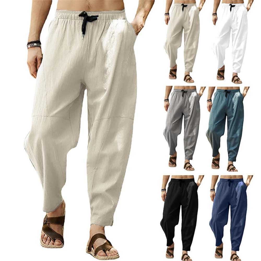 Mens cotton linen pants mens autumn casual breathable solid color linen pants fitness pocket pencil pants M-5XLW240725