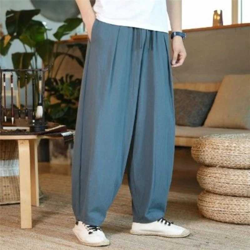 Mens summer pocket hippie cotton linen harem pants Y2K mens street clothing solid wide leg Trouser retro Drawstring PantalonesW240725