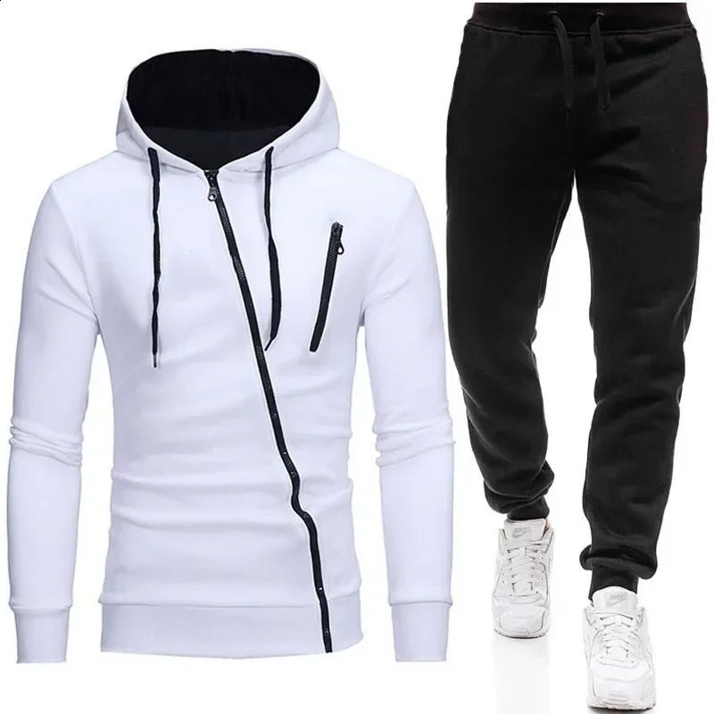 Autumn Winte Oblique Zipper Tracksuit Men Sweatshirt Sweatpants 2 Pieces Set Casual Mens Hooded Hoodies Suit Sportswear 240821