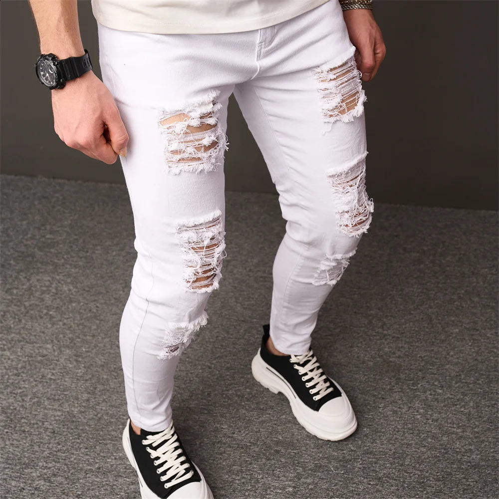Streetwear Holes Skinny Jeans Stylish Men Stretch Slim Trousers Distressed Ripped Solid Male Casual Pencil Denim Pants 240821