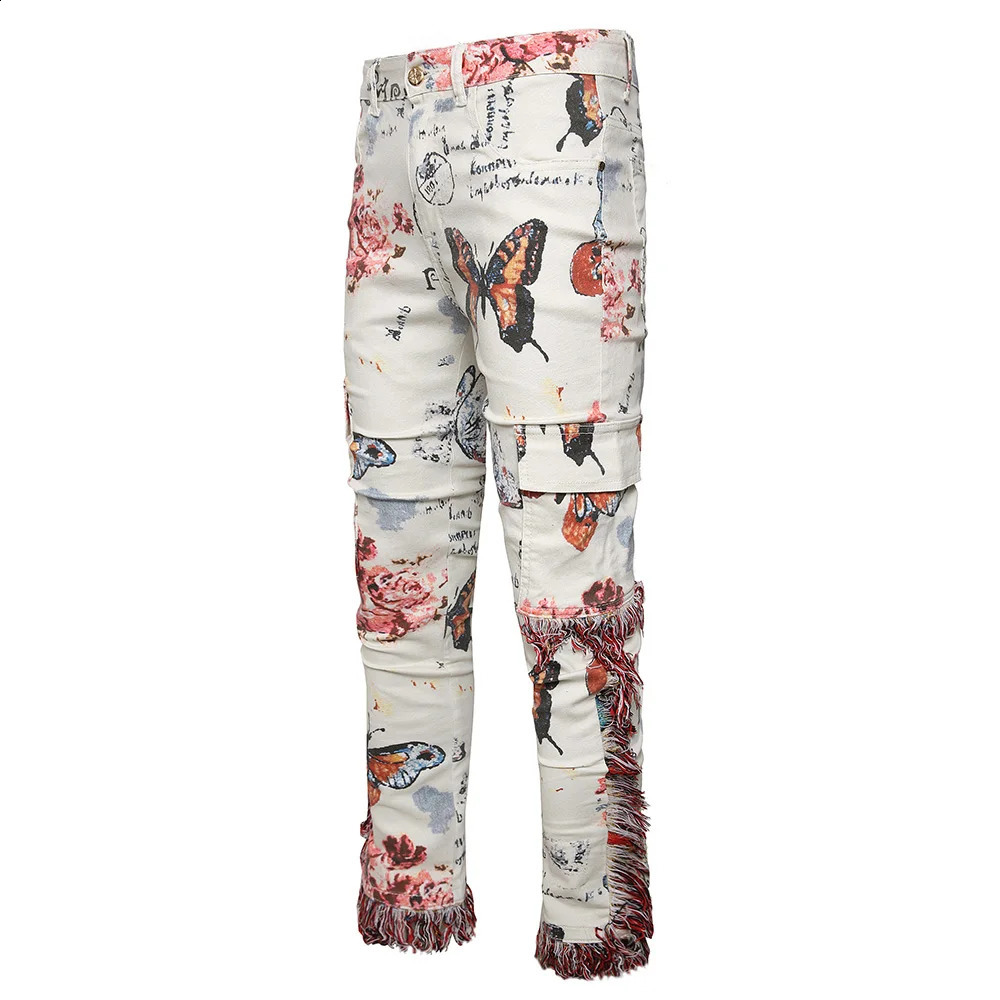 Men Butterfly Flower Print Jeans Tassels Fringe Rose Slim Straight Pants Beige White Muliti Pockets Cargo Trousers 240821