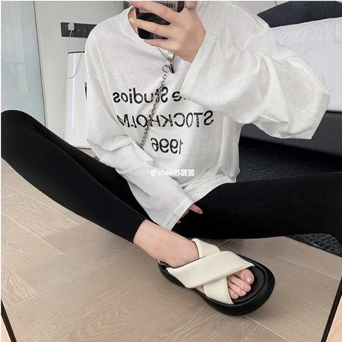 Ddmysports Suyin Same Cloud Summer Genuine Leather Cross Strap Casual Thick Sole Bubble Bread Sandals For Women S Summer New Style OUTDOOR