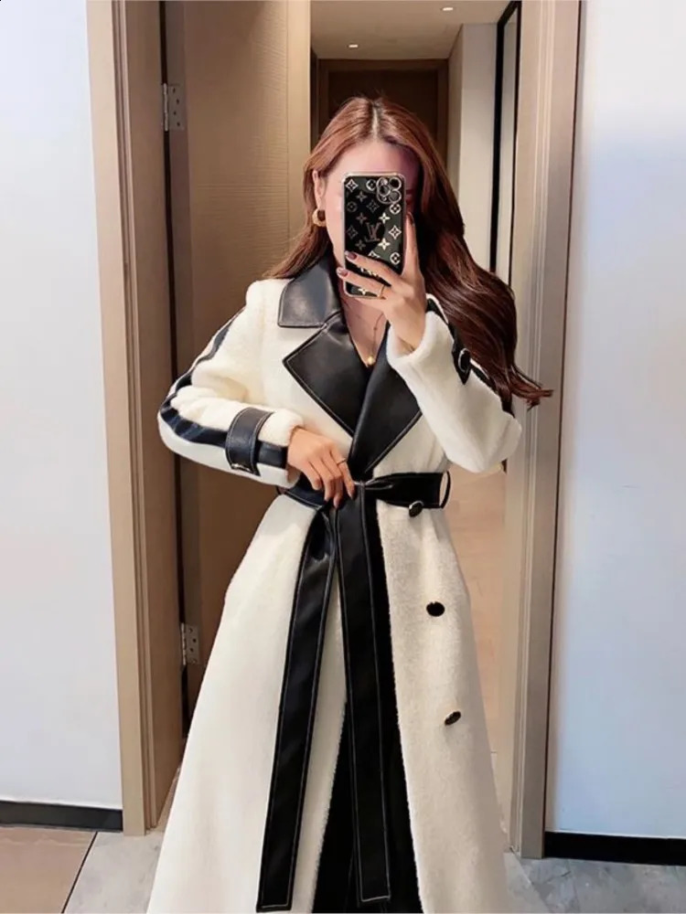 Autumn Winter High-end Fashion Temperament Contrast Color Patchwork Mid-length Overcoat with Belt Women Plush Woolen Jacket 240820