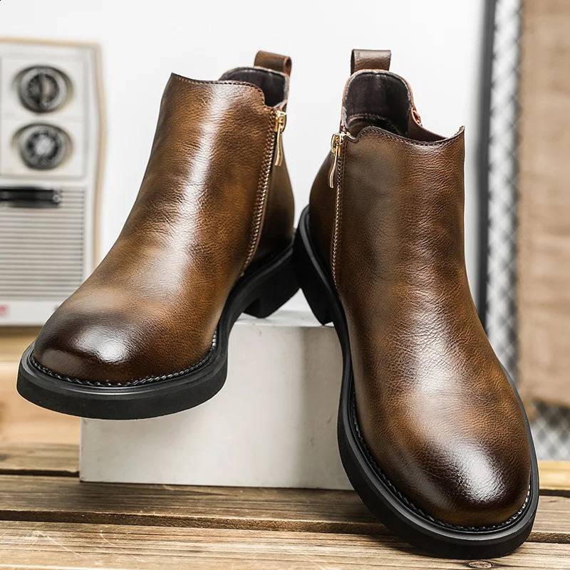 British style mens Chelsea boots fashion mens Chelsea boots leather elastic band ankle boots business dress shoes 240821